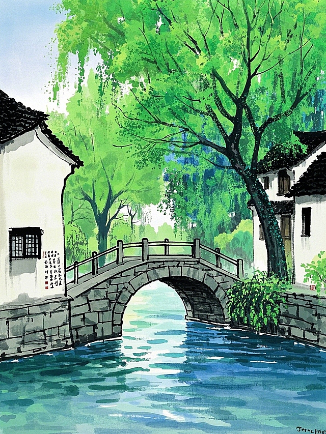 水彩插画风，清新古典，绿树掩映古桥，江南水乡韵味。
