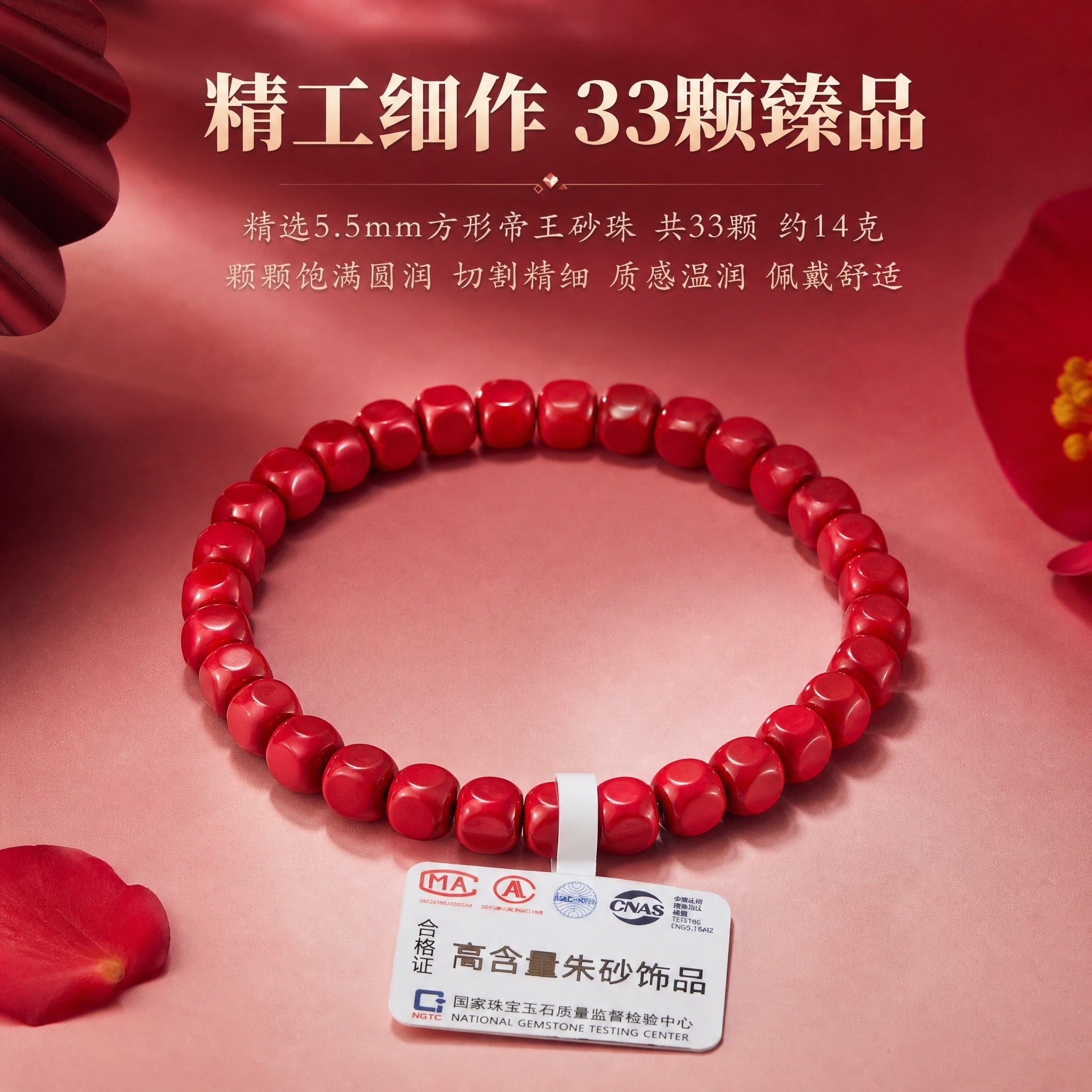 电商淘宝天猫主图，朱砂手串产品图，产品为高含量帝王砂方形珠手串… - 图片创意预览