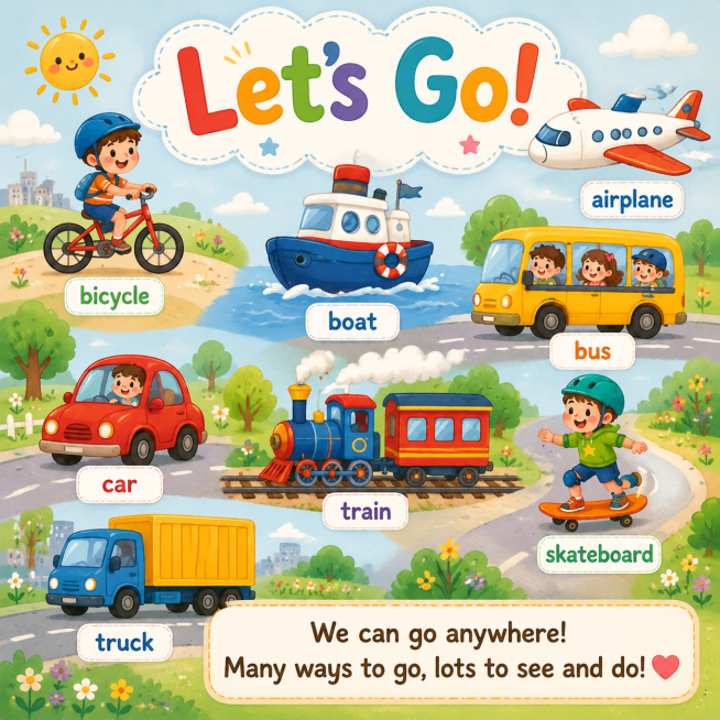 英语启蒙海报，主题是Let's Go!，儿童绘本风格，包含自行车、船、公共汽车、小汽车、飞机、火车、滑板、卡车这些交通工具，每种交通工具搭配对应的英语单词标签，海报底部有一段关于交通出行的简单英语句子预览效果