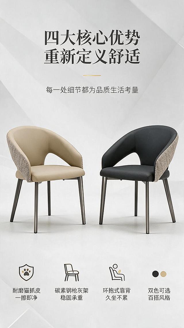 [第2张] 详情页核心卖点总览-双色餐椅同框展示四大核心卖点。本张使用【图1】卡其色+黑色两款作为商品主体。
[氛围/风格] 现代简约高级风，干净明亮，商业产品摄影质感。
[元素布局] 画面中部左右对称摆放卡其色与黑色餐椅各一把，两款间距适中，占画面约65%；背景为浅灰色渐变+柔和几何线条；上方留标题区，下方分布4个卖点图标模块；两款餐椅外观结构、材质、颜色与输入产品图完全一致。
[光影质感] 顶部均匀柔光，两侧补光，底部柔和投影，皮革质感细腻，金属椅腿光泽自然，整体明亮通透。
[配色色系] 全局底色 #F0F0F0（浅灰）；主色卡其色+黑色+枪灰；辅助色深灰文字、金色点缀线条。
[视角构图] 正面平视对称构图，双产品并列展示，阅读动线顶部标题→中部双产品→底部四宫格卖点。
[文字版式] 顶部居中大标题+中部双产品+底部四宫格卖点。主标题「四大核心优势 重新定义舒适」，副标题「每一处细节都为品质生活考量」；底部四宫格分别为：「耐磨猫抓皮 一擦即净」「碳素钢枪灰架 稳固承重」「环抱式靠背 久坐不累」「双色可选 百搭风格」，每个卖点配简约线性图标；文字清晰易读，移动端友好。
[比例分辨率] 9:16 竖版比例，1K分辨率，文字清晰可辨，高清画质。
[负向提示词] 产品变形，颜色偏差，缺件错件，水印，文字过小，文字错乱，背景杂乱。