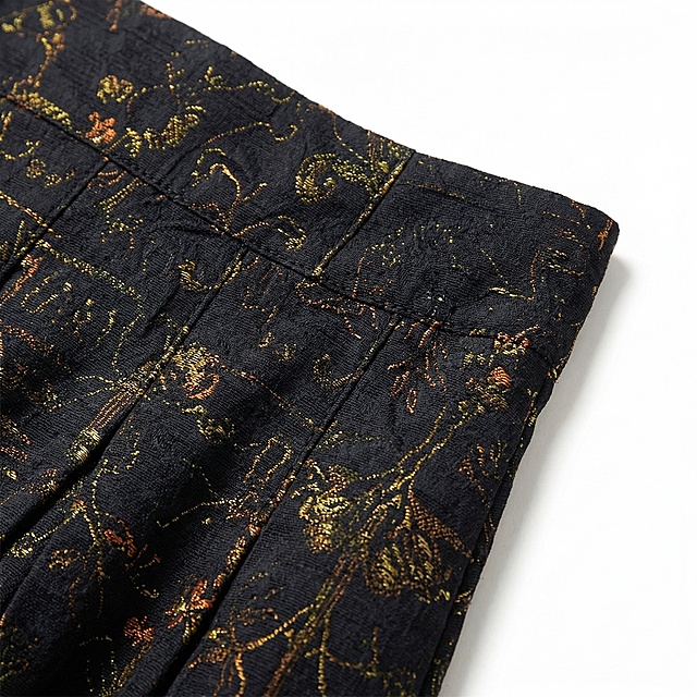 特写这条黑底碎花大摆裙的腰部部分，重点展示腰头压褶工艺、裁线走线、复古提花面料细节，突出做工质感，保持原裙子颜色和设计不变，专业服装细节摄影，清晰锐利，纯白背景