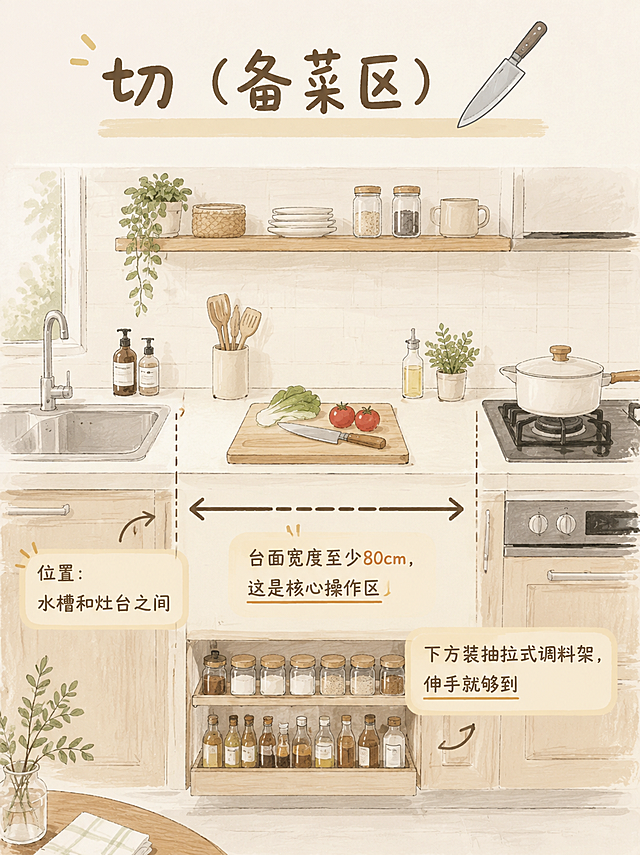 日系MUJI风小红书厨房素材图，手绘插画风格，简约清新，米白和浅木色为主色调，画面上方有大标题文字"切（备菜区）"，旁边有手绘菜刀图标，画面展示厨房备菜区在水槽和灶台之间的布局示意图，手绘箭头标注位置关系，配文字说明："位置：水槽和灶台之间"、"台面宽度至少80cm，这是核心操作区"、"下方装抽拉式调料架，伸手就够到"，整体风格温暖治愈，线条柔和，有手绘质感，适合小红书竖版配图
