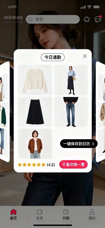 图6：首页 - 今日穿搭推荐
文案：APP首页，顶部显示日期、天气、地点，中央是今日主推穿搭方案的大卡片展示，包含：

搭配的平铺预览图（3-4件单品组合）

场合标签：“今日通勤”

适宜度评分：⭐预览效果