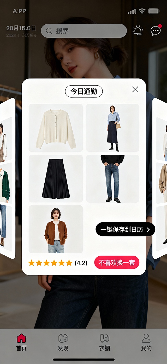 图6：首页 - 今日穿搭推荐
文案：APP首页，顶部显示日期、天气、地点，中央是今日主推穿搭方案的大卡片展示，包含：

搭配的平铺预览图（3-4件单品组合）

场合标签：“今日通勤”

适宜度评分：⭐️⭐️⭐️⭐️☆ (4.2)

快捷操作：“一键保存到日历”、“不喜欢换一套”

界面元素：

底部导航栏：首页、发现、衣橱、我的

顶部搜索栏+消息图标

穿搭卡片可左右滑动查看备选方案

关键词：main app home screen, top bar with date/weather/location, large center card showing today's outfit flat lay, occasion tag, star rating, quick action buttons, bottom navigation bar, clean and focused design --ar 9:19                                                                                                                                                                       按照手机标准尺寸进行制作