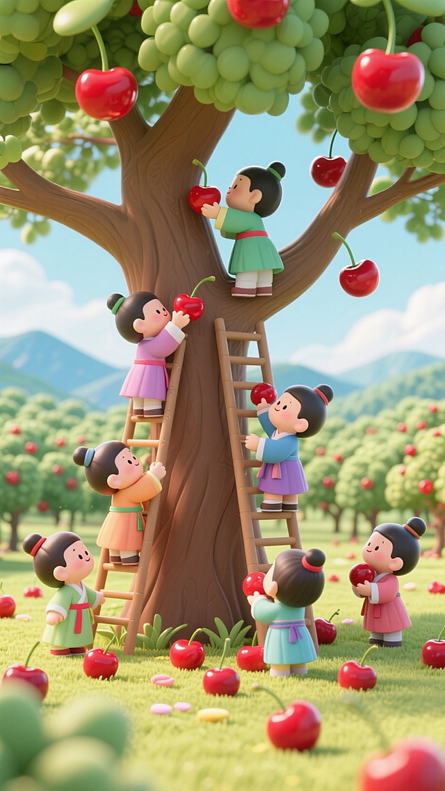 软3D风卡通设计，可爱孩童采摘樱桃，清新自然，充满童趣与欢乐。