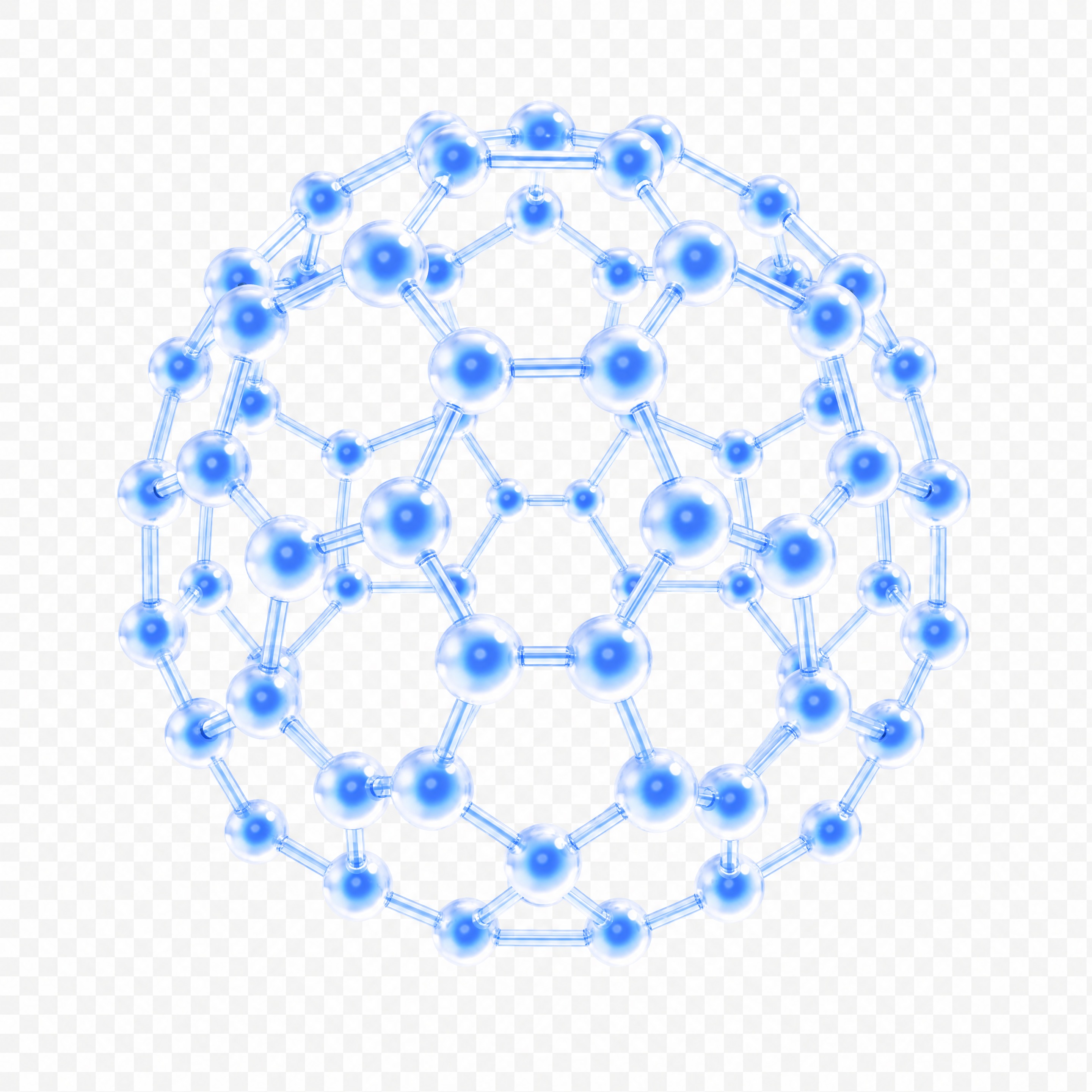 参考图1的蓝色玻璃质感分子风格，将分子结构修改为图2的富勒烯C… - 图片创意预览