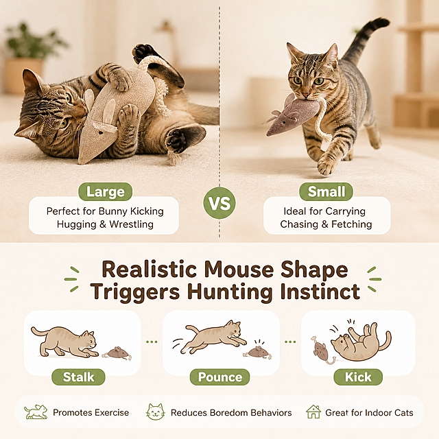 [主图-4] 尺寸选择与狩猎本能卖点图，展示两种尺寸选择和逼真老鼠造型触发自然狩猎行为。
[统一基调] 暖奶油米白主背景，浅棕褐色辅助色，柔和绿色强调色，白色圆角卡片，圆润无衬线英文字体，标题深棕色粗体，辅助文字浅灰棕色，整体亲和温暖宠物用品风。
[画面] 画面采用上下分层结构。上半部分约60%展示两种尺寸对比：左侧是大号布老鼠（Large Size），旁边有一只猫咪正在用前爪扑击、后脚踢蹬的动态玩耍场景（模拟兔子踢的动作），下方标注"Large  Perfect for Bunny Kicking Hugging & Wrestling"；右侧是小号布老鼠（Small Size），旁边有一只猫咪叼着老鼠奔跑追逐的场景，下方标注"Small  Ideal for Carrying Chasing & Fetching"。两个尺寸之间有VS分隔或明显的尺寸对比线。下半部分约40%是狩猎本能卖点区：中间大标题"Realistic Mouse Shape Triggers Hunting Instinct"，下方三个小图标横向排列，分别是潜行（Stalk）、扑击（Pounce）、踢腿（Kick）的图标加文字说明，底部小字"Promotes Exercise Reduces Boredom Behaviors  Great for Indoor Cats"。
[光影质感] 自然生活场景光效，猫咪动态自然，产品在场景中比例真实，光影统一。
[配色] 暖奶油米白背景，深棕色标题，绿色强调色，白色圆角标签，整体活泼有动感。
[文字版式] 尺寸标注在对应产品下方，标题居中，三个图标等距横排。所有文字为英文，圆润无衬线字体。
[输出要求] 1:1正方形，2048x2048，尺寸对比清晰，猫咪动态自然，文字清晰可读，无变形，无错字，无水印，无中文。