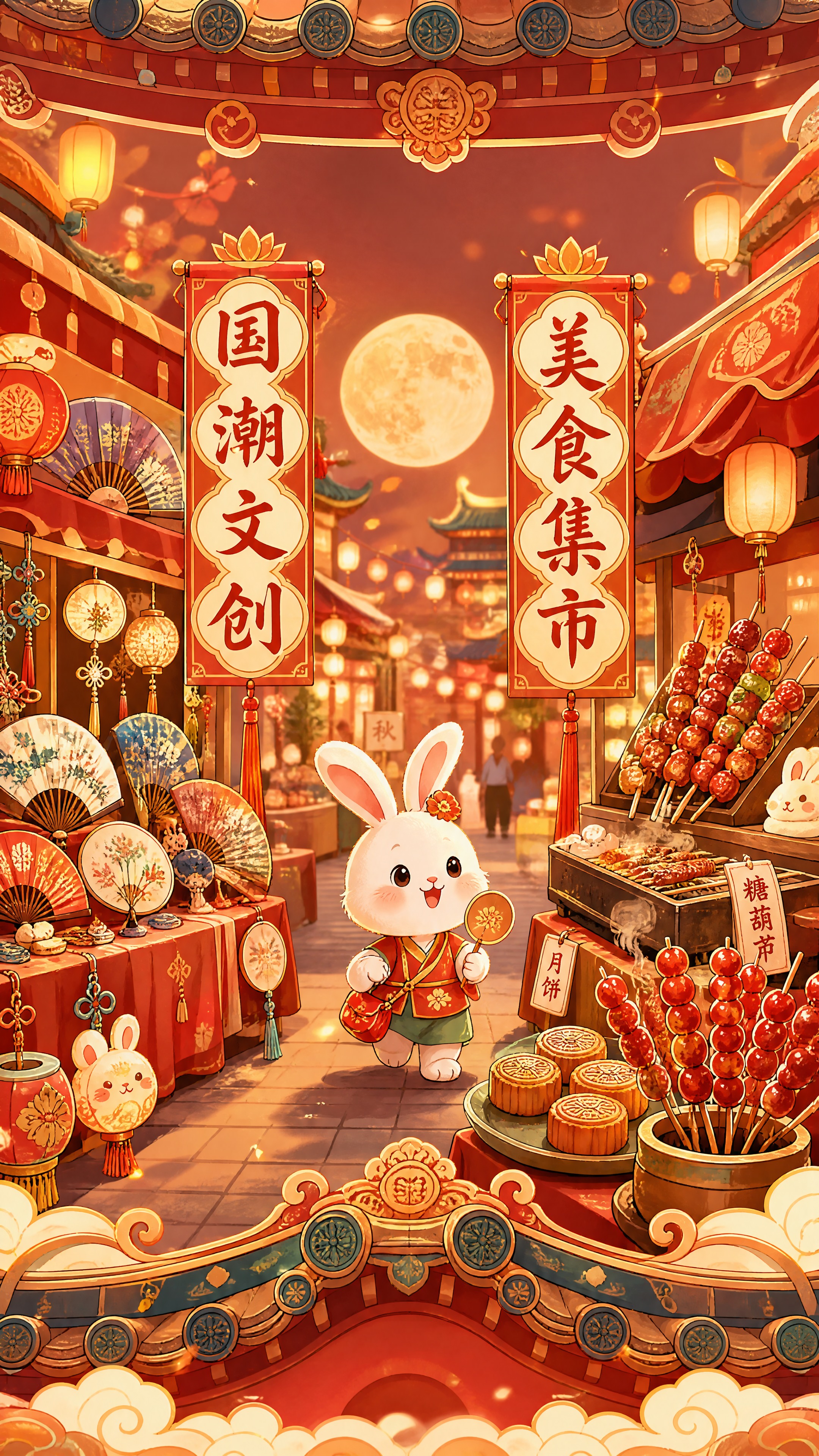 竖版公众号长图，卡通可爱国潮风格，中秋市集主题。画面顶部延续上… - 图片创意预览