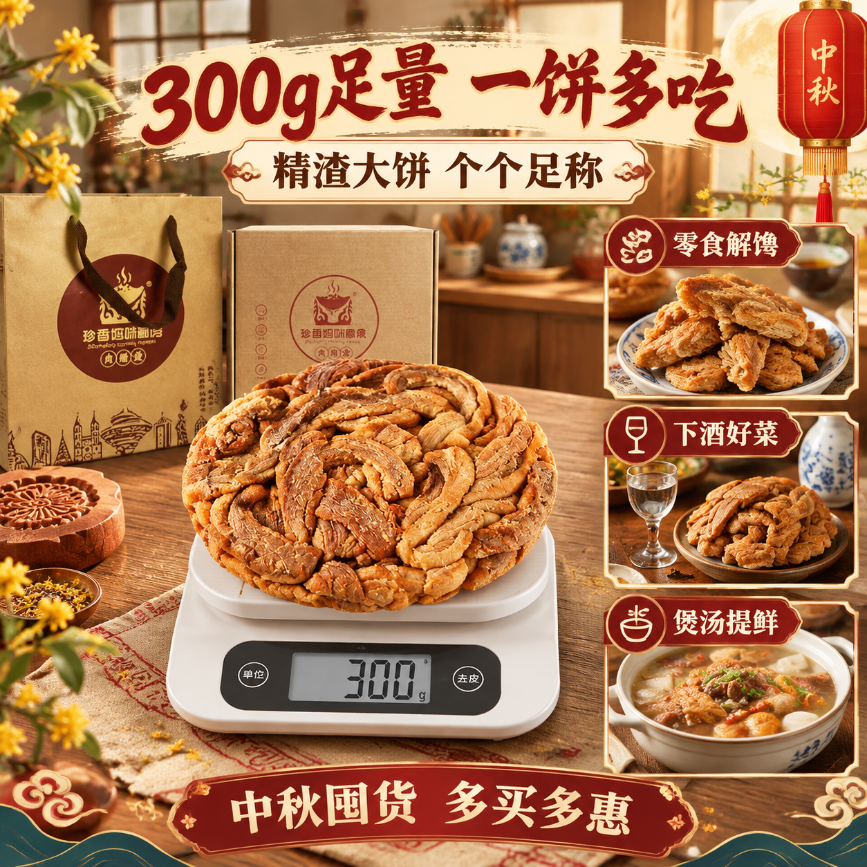[主图-6] 规格展示与食用场景，展示300g足量大饼以及多种… - 图片创意预览