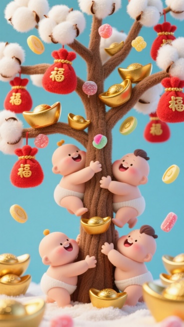 一棵由棉花和软糖制成的发财树，树枝上挂满了红色的福袋和毛绒金元宝。几个胖乎乎的元宝宝贝正用短短的手臂努力地拥抱树干，脸上是幸福满足的笑容。树下还有几个元宝正试图叠罗汉去够树上的福袋，场景温馨有趣。预览效果