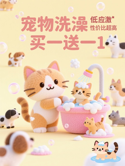 主标题为3D毛毡风“宠物洗澡买一送一”，字体要可爱清晰，副标题为“低应激  性价比超高”，右下角有一只洗澡小猫，背景由小猫小狗、洗澡泡泡元素组成预览效果