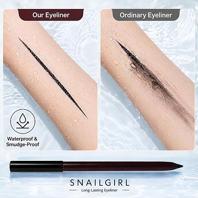 [主图-4] 防水防晕染对比展示，可视化测试SNAILGIRL眼线笔防水性能。本屏使用【图2】作为参考对比展示。
[氛围风格] 真实直观对比测试风格，清晰展示产品优势，有说服力。
[画质] 清晰商业摄影，对比效果一目了然，文字清晰可读。
[元素] 画面左右分栏对比，左侧为我们的眼线笔画在带水珠的手臂上，线条完整清晰不晕染；右侧为普通眼线笔遇水晕染开，对比效果明显；底部放置完整的SNAILGIRL眼线笔产品，占比约15%；保持产品外观颜色与输入图一致。背景为浅蓝水面纹理，贴合防水主题。
[光影] 均匀正面光照，水珠晶莹有高光，线条清晰，对比效果明暗分明，整体通透干净。
[配色] 浅蓝背景，左侧深酒红产品标题栏，右侧灰色对比标题栏，颜色对比清晰，不抢夺产品风头。
[视角构图] 左右对比构图，上方对比测试，底部产品总结，结构清晰对比强烈。
[文字版式] 左右分栏顶部标注标题：左侧 "Our Eyeliner"，右侧 "Ordinary Eyeliner"，左下角放置圆形水滴图标加文字 "Waterproof & Smudge-Proof"，文字清晰不遮挡测试主体。全部使用英文表达。
[输出要求] 1:1 正方形比例，600*600分辨率，文字清晰可辨，超高清商业摄影质感。
[负向提示词] 产品变形，对比模糊，文字错乱，中文字符，夸大效果，水印