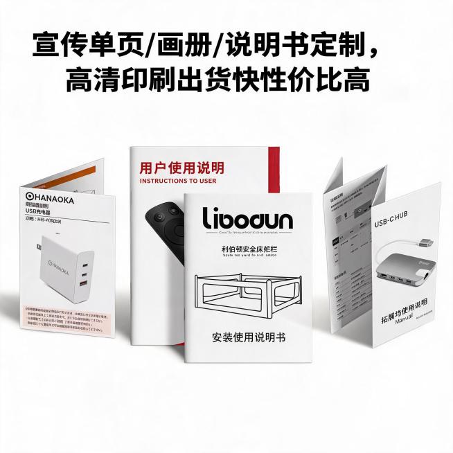 白色背景，印刷产品展示，文案"宣传单页/画册/说明书定制，高清印刷出货快性价比高"，保持风格统一预览效果