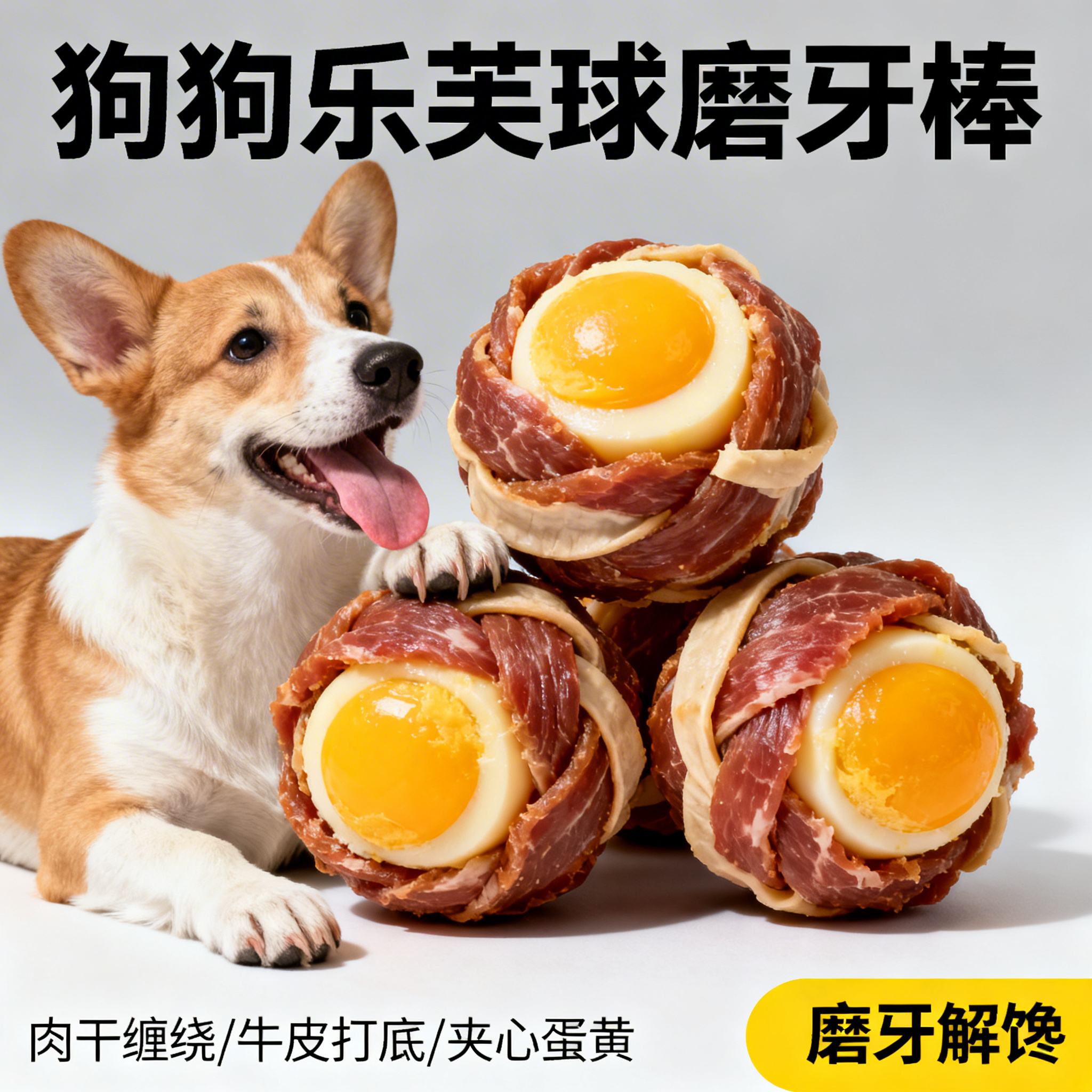 淘宝爆款商业主图，类目狗冻干零食狗狗乐芙球磨牙棒，展示三颗肉干… - 图片创意预览