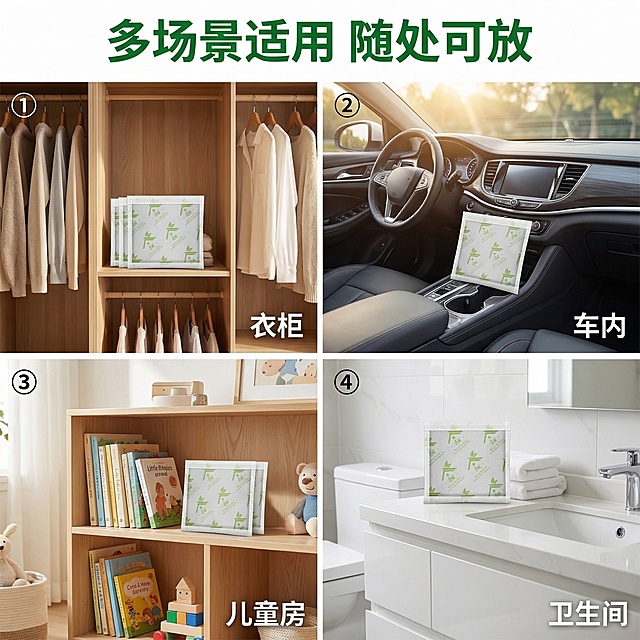 [主图4：多场景适用展示] 
[垫图]https://gd-ai-fts.dancf.com/35908895359487132/transfer/b6d18389669f4a138258deb30227f42a5339646.jpg
[主图主题] 除醛咖啡渣包多场景使用展示
[氛围/风格] 温馨生活风，明亮自然光，真实生活化
[画面元素] 采用2x2四宫格拼图，四格分别为：①放在新装修的衣柜里；②放在新车的中控台旁；③放在儿童房的书架上；④放在卫生间的洗手台边，每格都清晰展示产品，外观与原图100%一致，整体背景色调统一为暖白色，铺满全屏无边框
[配色色系] 主色调：暖白+原木色；辅助色：清新绿
[视角构图] 每个场景均为平视视角，拼图布局整齐统一
[文字版式] 顶部主标题“多场景适用 随处可放”，绿色粗体无衬线字；每个宫格角落标注对应场景名“衣柜/车内/儿童房/卫生间”，白色小字，不遮挡产品。
[比例分辨率] 1:1比例，2k分辨率