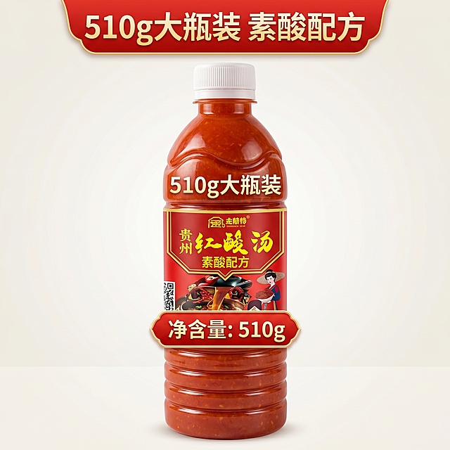金辣娇贵州红酸汤510g商品主图，1:1正方形，突出产品素酸规格信息和净含量卖点，展示510g大瓶装，添加卖点文字"510g大瓶装 素酸配方"，配色保持红黄搭配，排版简约清晰，适用于淘宝天猫平台