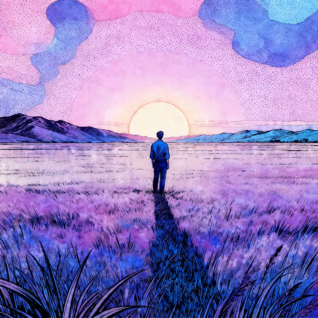 将人物的整体颜色也调整为蓝紫色调，让人物颜色和周围环境的粉紫蓝配色统一融合，消除违和感，保留当前丰富色彩、小占比人物、大色块渐变和点状排线的莫比斯风格特点预览效果