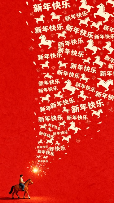 主体：左下角一个微缩的人骑着马，手拿着点燃的礼花，礼花喷出的烟花自上而下落下米白色的新年快乐、小马图案，重复出现，成烟火状，几乎铺满整个画面。
装饰元素：其余部分留白
色调：新年色调
背景：红色肯特纸预览效果