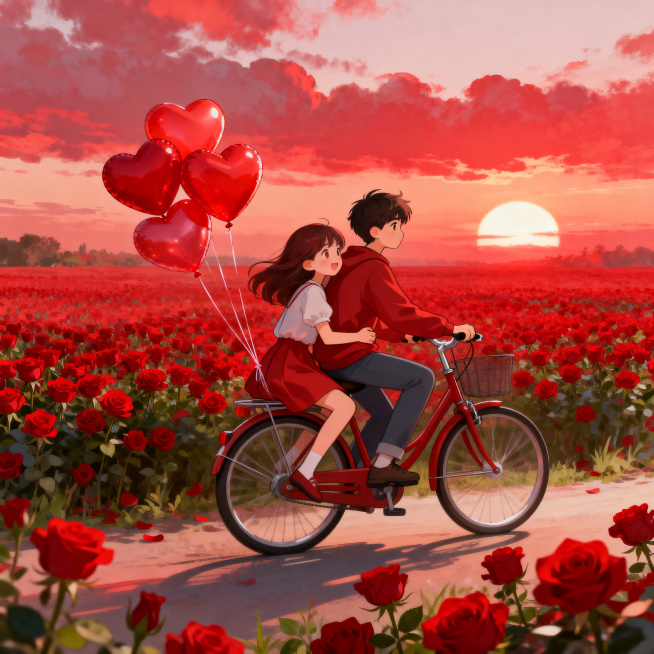 唯美大气红色插画，红色玫瑰花海，一对情侣骑车，女孩坐后座抱男孩，爱心气球绑在后座，红云彩夕阳天空，整体红调，清晰可爱预览效果