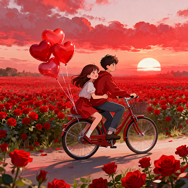 唯美大气红色插画，红色玫瑰花海，一对情侣骑车，女孩坐后座抱男孩，爱心气球绑在后座，红云彩夕阳天空，整体红调，清晰可爱