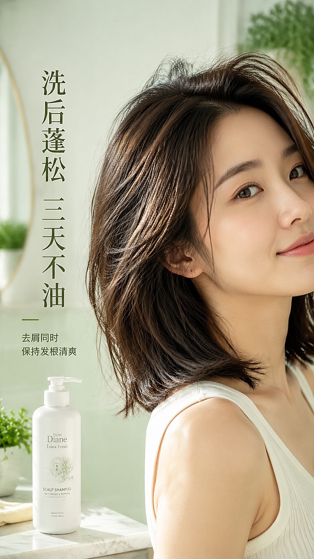 [第4屏] 真人局部效果展示，亚洲女性使用后蓬松清爽发丝效果。[氛围/风格] 真实生活场景，自然柔和氛围感，高清商业摄影质感。[元素布局] 画面主体为女性肩颈以上半侧，展示清爽蓬松的中长发；产品放置在画面左下角，和人物自然融合；背景为简约浅绿浴室墙面，添加少许绿植点缀。人物发丝蓬松自然，保持发丝纹理清晰。[光影质感] 侧前方柔光，发丝有自然高光和纹理层次，整体柔和不刺眼。[配色色系] 全局底色 #e8f3e8，主色自然棕黑发色 + 产品白色，辅助色浅绿背景。[视角构图] 人物偏右上，产品左下点缀，自然景深，突出发丝状态。[文字版式] 左侧竖排标题「洗后蓬松 三天不油」，下方小字「去屑同时保持发根清爽」，文字不遮挡发丝主体，大小适中清晰。[比例分辨率] 9:16 竖版比例，4K分辨率，文字清晰可辨，高清画质。[负向提示词] 人物面部过度修饰，发丝模糊，产品比例过大，文字遮挡主体