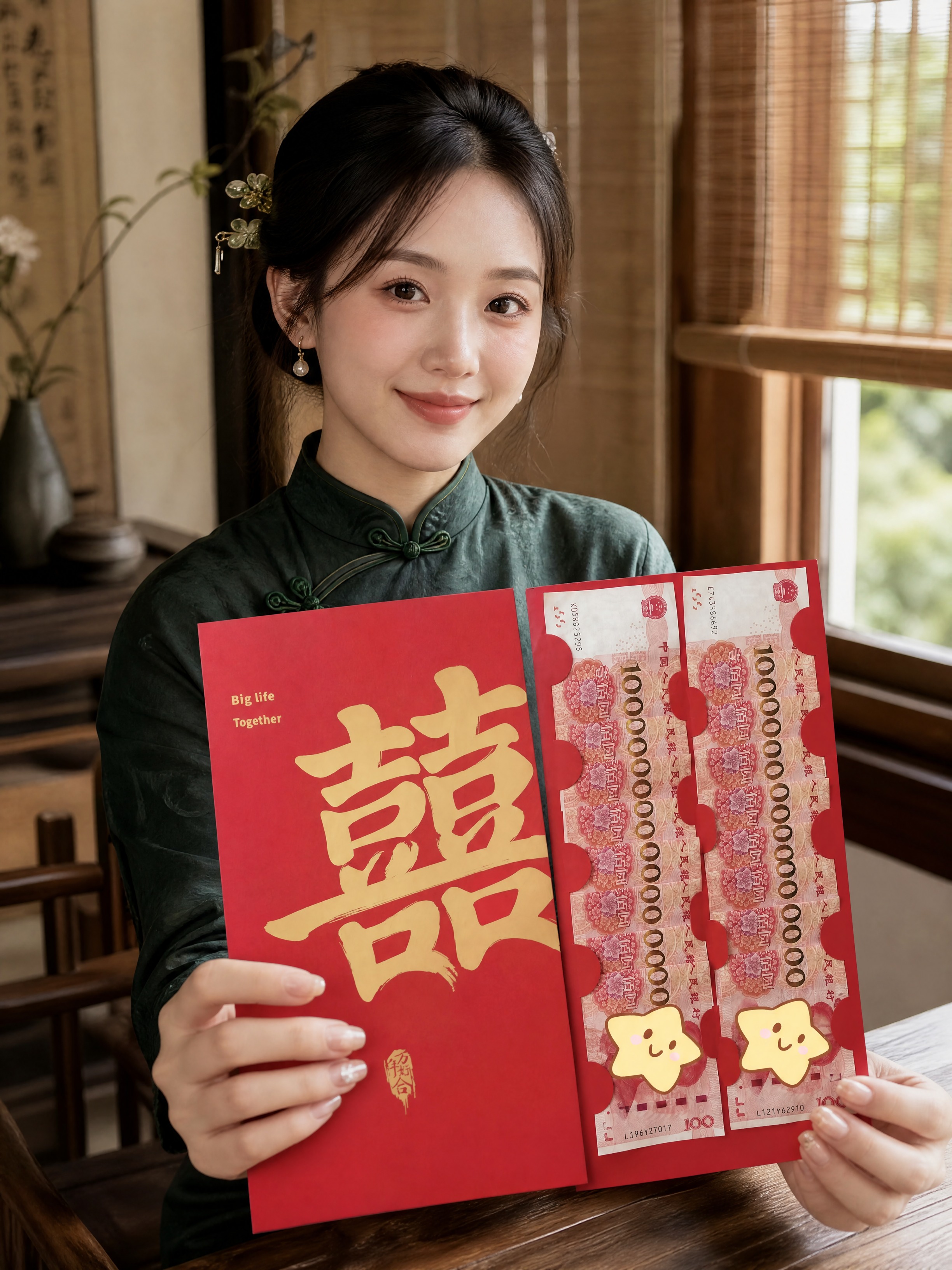 生活化纪实摄影，室内原木新中式茶室场景，20多岁东亚新娘，墨绿… - 图片创意预览