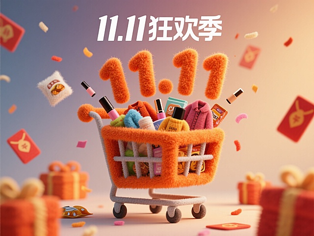 画面主体是一个橙色毛毡材质的购物车，购物车箱内跳出立体的数字“11.11”，箱内装满彩妆、秋冬服饰、零食等商品元素，周围有红包雨和礼物盒点缀，背景是温馨的渐变色，上方有显眼的主题文字“11.11狂欢季”，整体风格喜庆热闹，色彩鲜艳明快，细节丰富，光影柔和