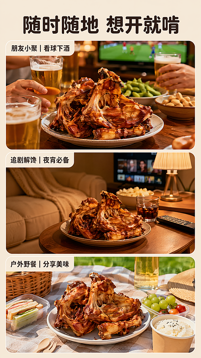 [第5屏] 多场景吃法展示屏-多种场景都适合。
[氛围/风格] 生活化分享风，温暖治愈，自然真实。
[元素布局] 使用竖拼三段式布局，每段一个场景：第一段是朋友聚会下酒场景，烤鸡架放在餐盘里搭配冰啤酒；第二段是追剧夜宵场景，放在沙发边小茶几上；第三段是户外野餐搭配主食。三个场景使用圆角卡片纵向排列，每张卡片都能清晰看到烤鸡架，烤鸡架色泽结构保持与输入图一致。
[光影质感] 每个场景都使用符合场景的自然光线，聚会场景偏暖黄氛围光，夜宵场景偏柔暖台灯光，野餐场景偏自然光，整体光影自然通透。
[配色色系] 全局底色：#F5E8D7（暖米棕）；卡片底色：#F8F3EC（浅米）；文字：#1A1A1A（深棕）。全局底色与首屏保持一致。
[视角构图] 纵向三段排版，每段场景高度大致均等，顶部大标题，下方三段场景依次排列，阅读动线清晰。
[文字版式] 顶部主标题「随时随地 想开就啃」深棕色圆角黑体居中，每个场景卡片左上角加小标题「朋友小聚｜看球下酒」「追剧解馋｜夜宵必备」「户外野餐｜分享美味」，小号字深棕色，纯色填充，字体风格与首屏保持一致。
[比例分辨率] 9:16竖版比例，4K分辨率，文字清晰可辨，超高清。
[负向提示词] 场景混乱，人物变形，烤鸡架颜色偏差，结构错误，文字错乱，水印。