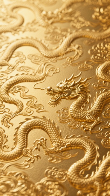 金色主色调的国风奢华背景，采用金箔材质呈现出细腻的金属光泽与纹理质感，整体画面以连续的传统龙纹图案构成无缝背景，龙纹线条流畅优美，细节丰富，呈现出浮雕般的立体触感，金色从浅到深形成微妙的渐变层次，光影柔和，营造出庄重典雅、华贵大气的氛围，具有浓厚的中国传统文化韵味和高端奢华的视觉感受。预览效果