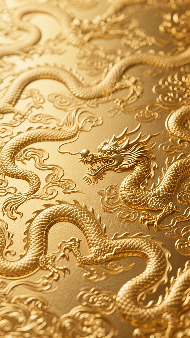 金色主色调的国风奢华背景，采用金箔材质呈现出细腻的金属光泽与纹理质感，整体画面以连续的传统龙纹图案构成无缝背景，龙纹线条流畅优美，细节丰富，呈现出浮雕般的立体触感，金色从浅到深形成微妙的渐变层次，光影柔和，营造出庄重典雅、华贵大气的氛围，具有浓厚的中国传统文化韵味和高端奢华的视觉感受。