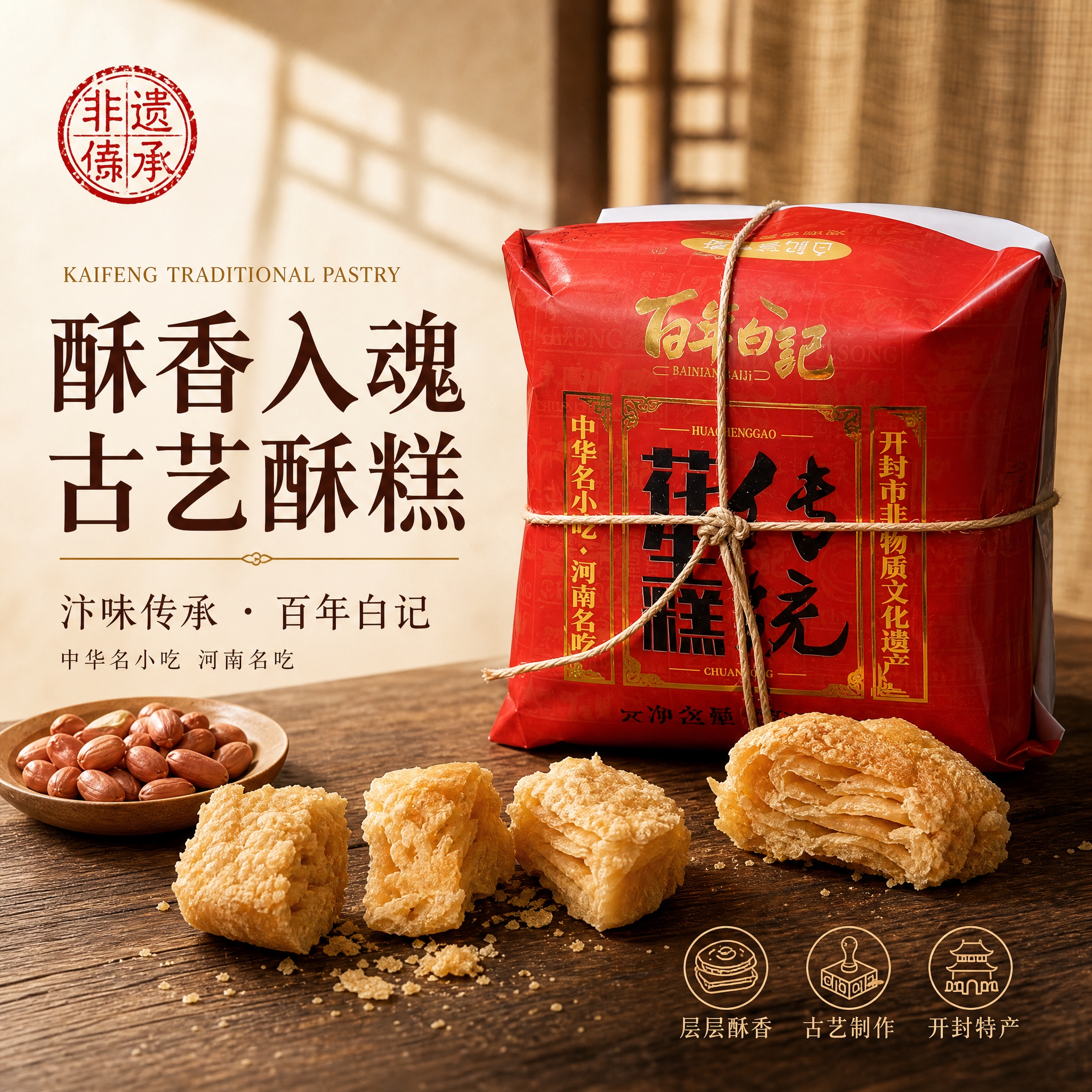 [单张主图] 百年白记传统花生糕（古艺酥糕），高级氛围感 +… - 图片创意预览