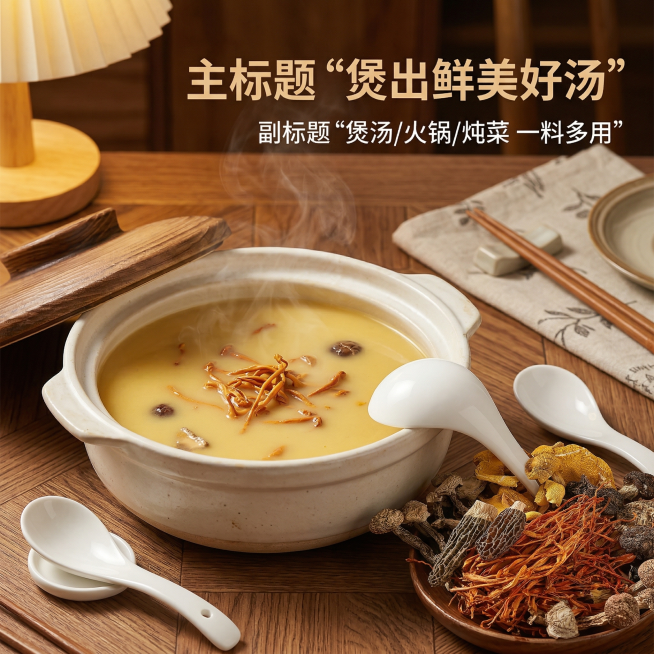 [垫图]羊肚菌汤包食用场景；[氛围/风格]温馨家常美食风，暖黄餐桌光影；[画面元素]木碗菌菇旁搭配陶瓷汤锅（盛有煲好的菌汤，冒着淡淡热气）、白瓷汤勺，背景是温馨的餐厅餐桌场景，光线温暖有居家氛围感，背预览效果