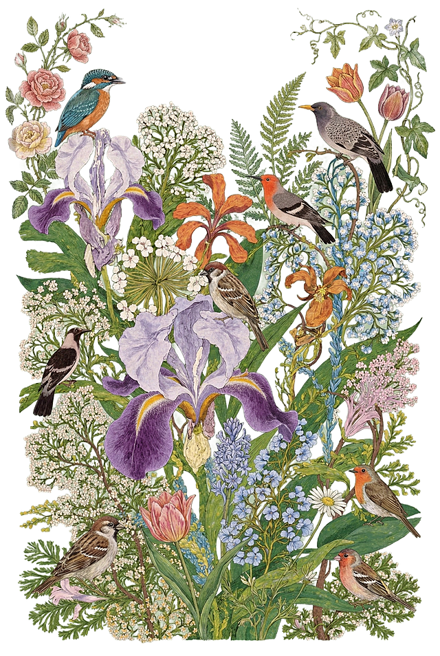 生成几张相似风格的插画，以植物动物为主题