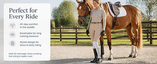 Amazon Premium A+ detail page — riding scene and usage page for equestrian socks. Use the provided product image as reference for the socks design. Scene: a female equestrian rider (European appearance) in riding breeches and tall boots, standing beside a chestnut horse in a sunlit outdoor riding arena with wooden fence and green grass. Focus on the lower leg area showing the riding socks worn under half-chaps or with boots pulled down slightly to reveal the sock top with horse rider pattern. The sock color shown is white with gray pattern. Warm natural daylight, soft shadows, authentic equestrian lifestyle atmosphere. Left side overlay has clean English text panel on semi-transparent white card. Headline: "Perfect for Every Ride". Three short benefit lines below: "All-day comfort in the saddle", "Breathable for long training sessions", "Stylish design for show & daily riding". Bottom small text: "Ideal for dressage, show jumping, trail riding & stable work". Background continues the light gray-blue tone family from previous pages. Premium lifestyle photography style, Amazon A+ quality. All text in English, no Chinese, no price. Horizontal wide banner format.