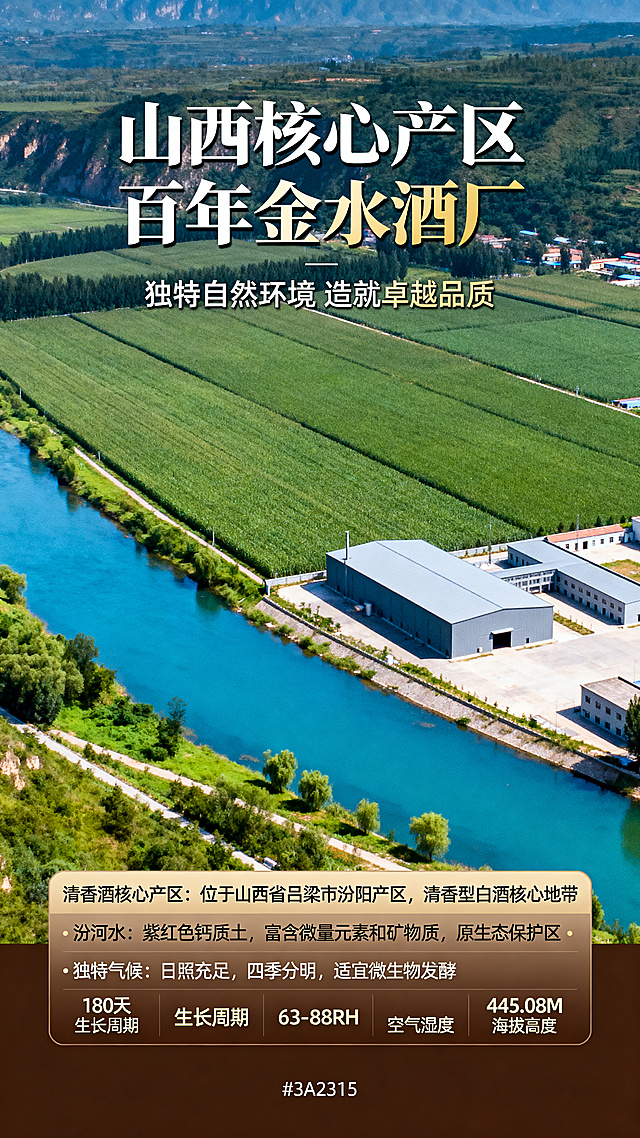 [第4屏] 山西产地环境展示-百年金水清香型白酒核心产区介绍。参考【图1】产地图排版结构。
[氛围/风格] 深棕质感自然风，实景航拍质感，延续整体商务高级感。
[元素布局] 画面顶部大标题区域，中部展示山西高粱种植产区实景航拍，有大片高粱田、酒厂建筑、汾河自然景观，底部用浅棕色信息条标注气候海拔数据。整体层次清晰，产地实景占据70%区域。
[光影质感] 自然日光，明亮通透，山水田园层次清晰，整体光影自然，氛围舒适。
[配色色系] 全局底色：#3A2315（深棕色）；实景自然绿色蓝色为主，信息条浅棕色，文字配色米白+浅金色，沿用首屏字形字色字效风格。
[视角构图] 竖向构图，标题在上，实景航拍图占中部，数据信息条在下，符合移动端阅读动线。
[文字版式] 沿用首屏书法标题+无衬线正文，字色米白+浅金，纯色填充。顶部主标题「山西核心产区 百年金水酒厂」，副标题「独特自然环境 造就卓越品质」，居中对齐。三个要点分开展示：
「清香酒核心产区」位于山西省吕梁市汾阳产区，清香型白酒核心地带
「汾河水」紫红色钙质土，富含微量元素和矿物质，原生态保护区
「独特气候」日照充足，四季分明，适宜微生物发酵
底部信息条依次展示：「180天 生长周期」「63-88RH 空气湿度」「445.08M 海拔高度」，文字清晰排版均匀。
[比例分辨率] 9:16竖版比例，4K分辨率，文字清晰可辨。
[负向提示词] 文字错乱，缺件错件，颜色偏差，水印，文字模糊，背景杂乱，违规表达。