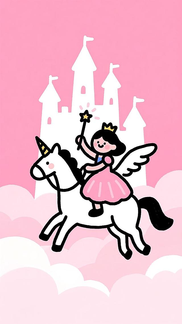 小女孩的梦，穿着公主裙，手里拿着仙女棒，骑着白色独角马，会飞的翅膀，空中云雾缭绕，背后巨大的白色的城堡，粉色背景