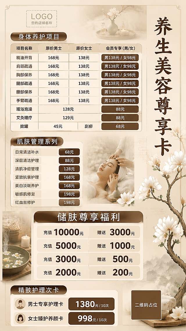 新中式古风玉兰养生美容价目海报，竖版大幅门店展示标牌，米杏柔和奶茶底色，深咖啡色标题栏，浅米项目条，深棕圆角价格块，右侧竖排水墨玉兰花枝装饰不遮挡文字，左侧顶部预留LOGO放置区域，整体简约高级美业氛围感，干净美观，上下左右均匀留白。

右侧竖排主标题大字："养生美容尊享卡"

第一大板块（深棕圆角分区标题框）："身体养护项目"
表头四栏：项目名称｜原价男士｜原价女士｜会员专享（男/女）
精油开背｜"168元"｜"138元"｜男"138元"/女"98元"
肩颈疏通｜"168元"｜"138元"｜男"138元"/女"98元"
胸部保养｜"168元"｜"138元"｜男"138元"/女"98元"
腿部疏通｜"168元"｜"138元"｜男"138元"/女"98元"
腰部保养｜"168元"｜"138元"｜男"138元"/女"98元"
手臂疏通｜"168元"｜"138元"｜男"138元"/女"98元"
瑶浴泡澡｜统一原价"128元"｜会员专享"88元"
艾灸理疗｜统一原价"129元"｜会员专享"88元"
拔罐｜统一"45元"；刮痧｜统一"68元"

第二大板块（深棕圆角分区标题框）："肌肤管理系列"
白色底色+深棕价格块样式，单栏标价：
日常清洁补水 "68元"
深层清洁护理 "88元"
清肌净痘管理 "128元"
紧致抗衰护理 "168元"
美白淡斑养护 "168元"
敏感肌修复 "198元"
红血丝修护 "198元"

第三大板块（版面视觉重点，字号最大最突出，深棕圆角分区标题框）："储值尊享福利"
充值"10000元" 赠送"3000元"
充值"5000元" 赠送"1000元"
充值"3000元" 赠送"500元"
充值"2000元" 赠送"200元"

第四大板块（深棕圆角分区标题框）："精致护理次卡"
男士专享护理卡："1380元"/10次
女士臻护养颜卡："998元"/10次

搭配美容养生类柔和氛围感图片装饰，贴合皮肤管理、身体SPA、泡澡艾灸美业场景。文字排版清晰分层，行列对齐规整，价格数字加粗醒目，远距离观看清晰可读。版面内不出现"价格表"三个字。整体新中式温柔美容门店调性，协调大气。

画面中所有数字必须精确渲染，不得错位、遗漏或编造。画面中所有信息区域、价格表格、福利条目必须填充完整合理的内容，不得出现空白框、空白占位、空列表项、空单元格。画面中所有二维码区域使用纯色方块占位符呈现，方块中央标注"二维码占位"文字，严禁生成任何可识别的二维码图案。
