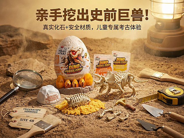 图片4:3比例，将图中是产品实物保持外观样子不变的情况下，生成商业产品宣传图，有沉浸式挖掘考古恐龙元素
