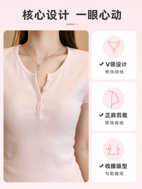 [第2屏] 核心卖点展示-粉色v领正肩T恤解析。
简约卖点卡风格，浅粉低饱和底色，清晰透气，商业设计质感。
左侧放原图v领区域局部放大，占45%宽度，保持粉色、v领、排扣、罗纹纹理与原图一致。右侧三栏预览效果