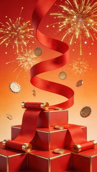 3D渲染风格的中国传统节日庆典场景，以正红色为主色调，搭配金色作为点缀，整体呈现出明亮喜庆的氛围。画面底部由多个堆叠的红色立方体礼盒构成稳定基座，礼盒边缘有精致的金色包边。从礼盒上延伸出几条红色卷轴缎带，缎带末端有金色卷轴装饰，部分缎带呈优雅的S形曲线向上延伸。背景为渐变的橙红色，上方点缀着多朵绽放的金色烟花，烟花带有细长的金色光芒和闪烁的光点。画面中散落着若干圆形的金色铜钱装饰，铜钱边缘有齿……预览效果