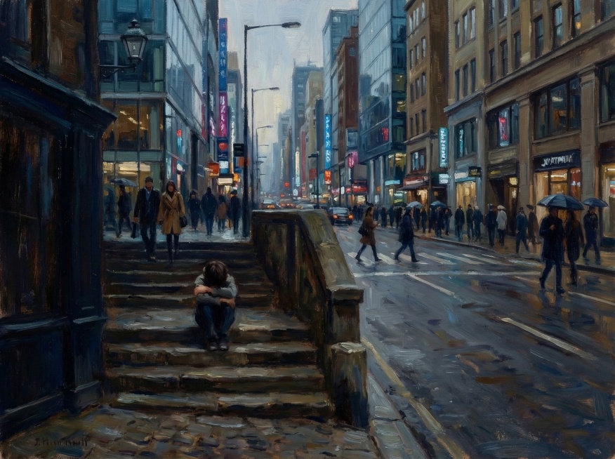 保持印象派油画风格、4:3比例、偏暗色调、缩小比例的无性别抱膝坐背影人物，将城市街景改为现代风格，路上添加行走的行人，人物仍处于台阶上预览效果