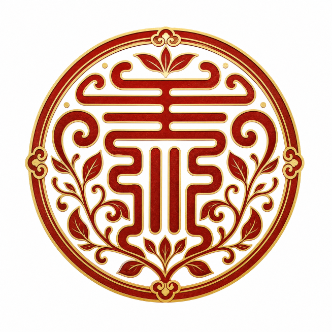 纯图形logo设计，无任何文字，以汉宛源愈骨膏的国风草本养生调性为核心，设计圆形传统印章风格logo。图形融合汉字汉宛源的篆书变形+草本枝叶纹理，整体圆形对称构图，古朴传统。颜色采用朱砂红色图形+烫金预览效果