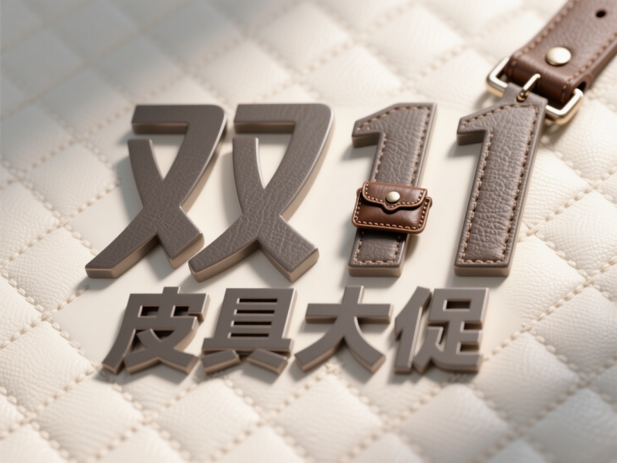 中间主标题”双11""，副标题” 皮具大促""，字体是庄重的，文字的表面是灰棕色皮革的质感，米白色格纹皮革背景，高饱和色彩。预览效果