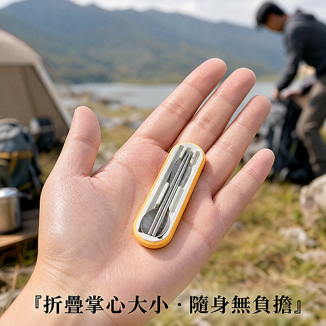 [主图-6] 极致便携性展示图。
[氛围风格] 突出便携小巧，户外露营风格，温馨自然。
[画质] 高清商业摄影，真实自然。
[元素] 特写，一只手掌摊开，折叠后的纯钛叉勺安静躺在掌心，显得非常迷你。背景是登山者正在打包装备的模糊身影。保持折叠后的产品外观与输入产品图一致。去除原有logo。商品主体占比约70%。
[光影] 自然户外光线，焦点清晰在掌心产品，背景虚化。
[配色] 自然肤色背景，银色产品，黑色文字清晰。
[文字版式] 画面下方文字："折疊掌心大小 · 隨身無負擔"，所有文字使用繁体字。
[比例分辨率] 1:1 比例，4k 分辨率，超高清。
[负向提示词] 变形，水印，文字错乱，产品不一致，简体字。
