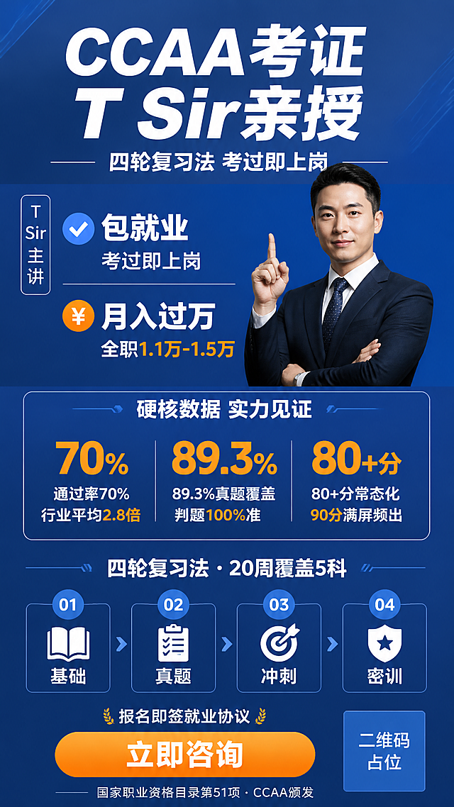 成人职业考证招生海报，专业商务蓝风格，竖版9:16，版式精美，呼吸感强，留白充足，信息疏朗不拥挤。

画面主题：CCAA国家职业资格考证 · T Sir亲授

画面结构（从上到下，区块间距拉大，留白充足）：
1. 顶部主标题区（占画面上部约20%）：超大粗体白字主标题"CCAA考证 T Sir亲授"，下方副标题"四轮复习法 考过即上岗"，深蓝渐变背景，顶部留白充足，标题不贴边。
2. 人物+核心卖点区（中部约35%）：
   - 右侧：职业装男性讲师T Sir（西装领带，自信手势，专业权威），人物占比适中，不挤压文字
   - 左侧上方：垂直头衔标签"T Sir 主讲"
   - 左侧下方：2个核心大卖点（放大字号，减少数量避免拥挤）：
     * "✅ 包就业 考过即上岗"
     * "💰 月入过万 全职1.1万-1.5万"
3. 数据背书区（中下部约20%，单张醒目信息卡）：
   标题"硬核数据 实力见证"
   三条核心数据（大字突出，间距宽松）：
   - "通过率70% · 行业平均2.8倍"
   - "89.3%真题覆盖 判题100%准"
   - "80+分常态化 90分满屏频出"
4. 四轮复习法区（下部约15%，横向四等分排列，简洁图标+短文字）：
   小标题"四轮复习法 · 20周覆盖5科"
   01 基础 / 02 真题 / 03 冲刺 / 04 密训
5. 底部CTA+背书区（底部约10%）：
   - 橙黄色大圆角按钮"立即咨询"
   - 按钮上方小字"报名即签就业协议"
   - 最底部小字背书"国家职业资格目录第51项 · CCAA颁发"

配色：深蓝#0A52E3为主色，天蓝渐变辅助，白色文字，橙黄色#FF8C42做CTA和数据高亮色；背景深蓝渐变+细网格底纹，大面积纯色留白。

风格：专业商务风，极简大气，信息层级分明，留白充足不拥挤；每个区块之间有明显间距，字号偏大但数量精简，整体视觉呼吸感强。用编号圆点、对勾图标、简约几何线条装饰；禁用渐变球体/彩色泡泡/密集小元素。

画面中所有数字必须精确渲染，不得错位、遗漏或编造："1.1万""1.5万""51项""70%""2.8倍""89.3%""100%""80""90""20周""5科"。

画面中所有信息区域必须填充完整合理的内容，不得出现空白框；确保是完整可用的成品海报。

画面中所有二维码区域使用纯色方块占位符呈现，方块中央标注"二维码占位"文字，严禁生成任何可识别的二维码图案。