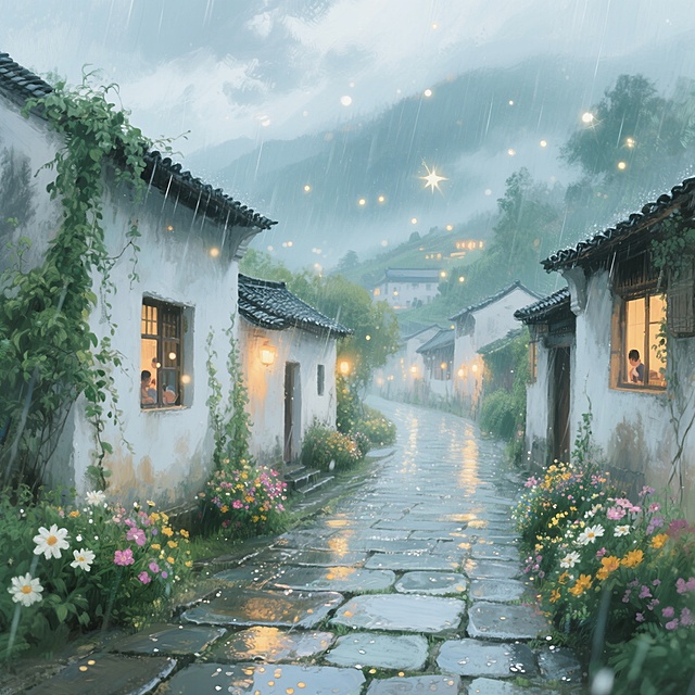 灵感源于:文笔挑战：“微微细雨穿花巷，__________”你会怎么接下一句？
微微细雨穿花巷，点点星光落山村，若隐若现村灯亮，细碎欢笑村居出。