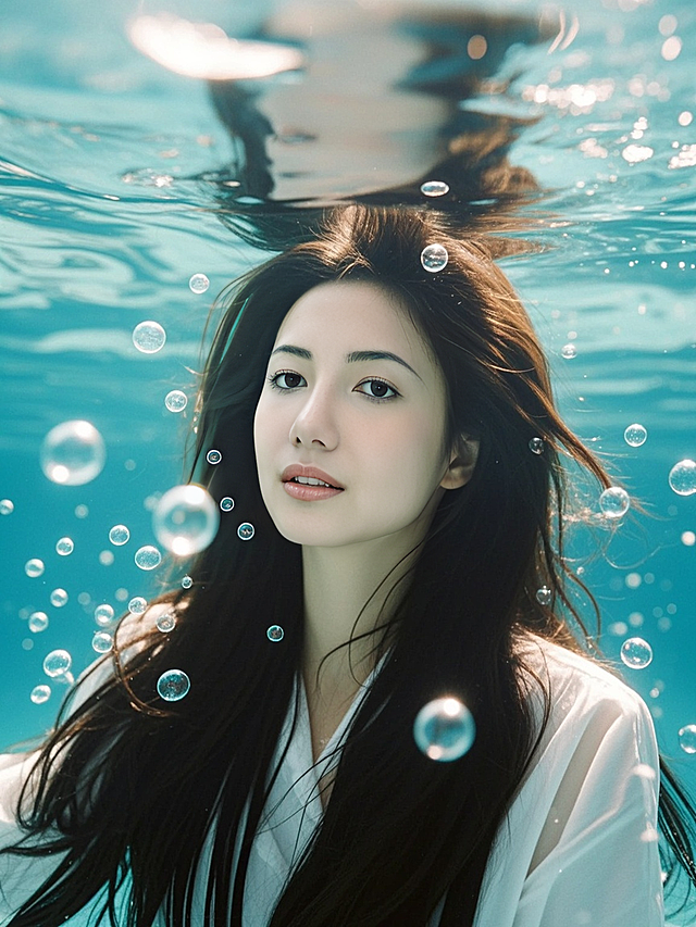 水下梦幻液态风，清新唯美女神，泡泡环绕，意境唯美。