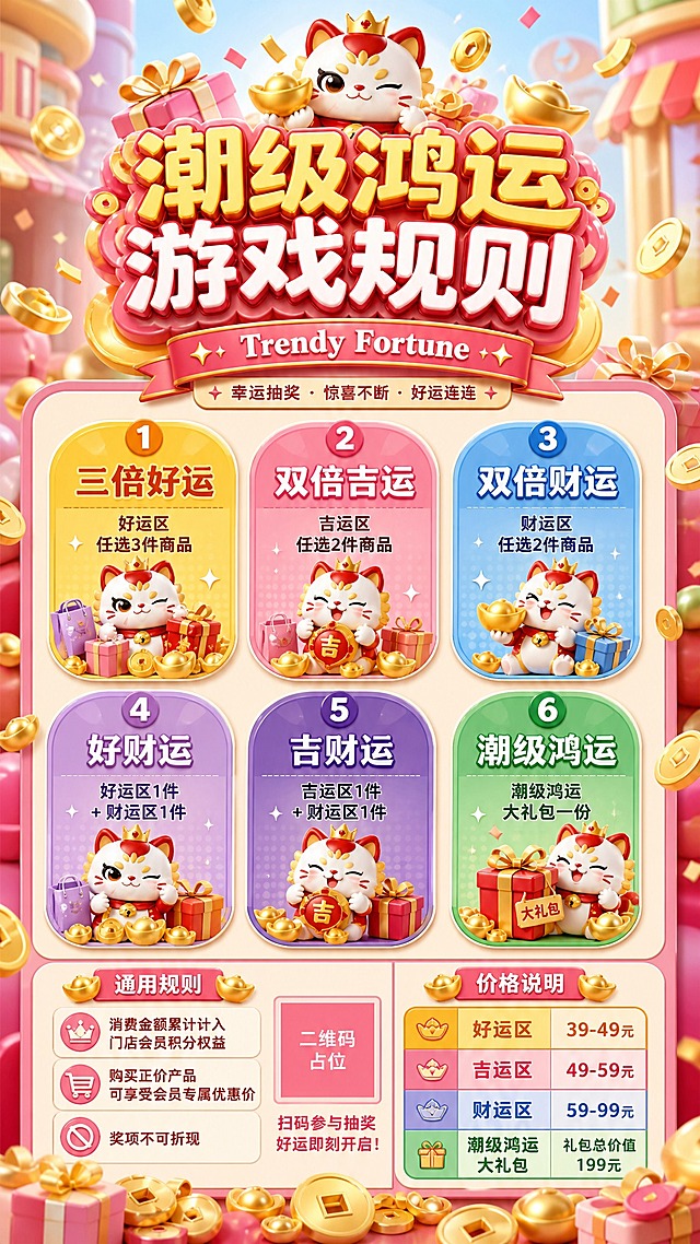 设计一张"潮级鸿运"抽奖游戏规则海报，参考奖券的马卡龙配色和可爱招财猫瑞兽吉祥物风格。竖版9:16比例，3D卡通风格，活泼喜庆。顶部大标题"潮级鸿运 游戏规则"，配英文"Trendy Fortune"。中间展示6个奖级卡片，彩色椭圆形或圆角矩形卡片横向两排排列，每个卡片对应一个奖项：1.三倍好运（黄色）-好运区任选3件商品；2.双倍吉运（粉色）-吉运区任选2件商品；3.双倍财运（蓝色）-财运区任选2件商品；4.好财运（紫色）-好运区1件+财运区1件；5.吉财运（深紫）-吉运区1件+财运区1件；6.潮级鸿运（绿色）-潮级鸿运大礼包一份。每个卡片旁有可爱的招财猫瑞兽吉祥物小图标。底部是通用规则区：消费金额累计计入门店会员积分权益、购买正价产品可享受会员专属优惠价、奖项不可折现。右下角价格说明：好运区39-49元、吉运区49-59元、财运区59-99元、大礼包总价值199元。整体配色明快活泼，马卡龙色系，金币、礼物盒、金元宝等装饰元素点缀，版式精美，信息清晰易读。画面中所有二维码区域使用纯色方块占位符呈现，方块中央标注"二维码占位"文字，严禁生成任何可识别的二维码图案。画面中所有信息区域、套餐卡片、价格表格、权益列表等必须填充完整合理的内容，不得出现空白框、空白占位、横线待填写区域、空列表项、空单元格。画面中所有数字必须精确渲染，不得错位、遗漏或编造。