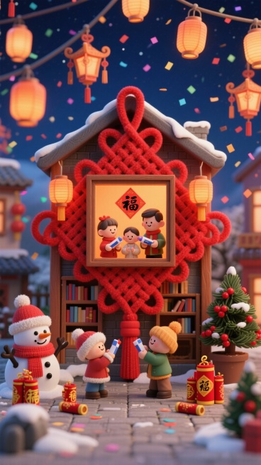 对称构图。主体是巨型红绒中国结屋立体场景，中国结中心开方形窗，内部一家三口站在书架前贴福字（手中握胶水、福字贴纸），中国结边缘缠红绸带与小灯笼，整体透出暖橙光。场景置于社区广场，周围点缀雪人（戴绒帽围预览效果