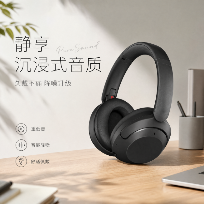 [单张主图] 头戴式无线蓝牙耳机，高级氛围感主图，小红书原生风格，突出质感和生活场景氛围。
[画面主体] 黑色头戴式蓝牙耳机放置在右侧浅木纹办公桌面，产品主体占画面约50%，保持产品外观（物理结构、材预览效果